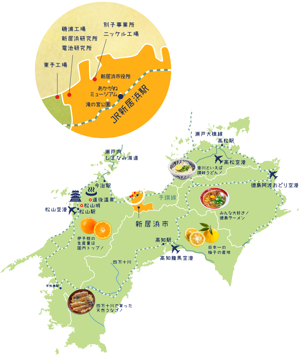 新居浜市 JR 新居浜駅 あかがね ミュージアム 新居浜市役所 滝の宮公園 別子事業所 ニッケル工場 資源精錬開発センター 磯浦工場 新居浜研究所 電池研究所 東予工場 高知駅 高知 龍馬空港 日本一の柚子の産地 四万十川 四万十川で育った 天然うなぎ! 宇和島駅 松山駅 松山空港 松山城 道後温泉 今治駅 瀬戸内 しまなみ海道 予讃線 高松空港 高松駅 瀬戸大橋線 みんな大好き! 徳島ラーメン